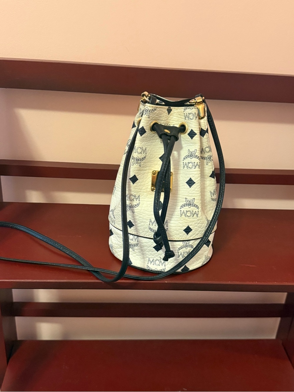 MCM White Visetos Mini Drawstring Bucket Bag with Black Trim